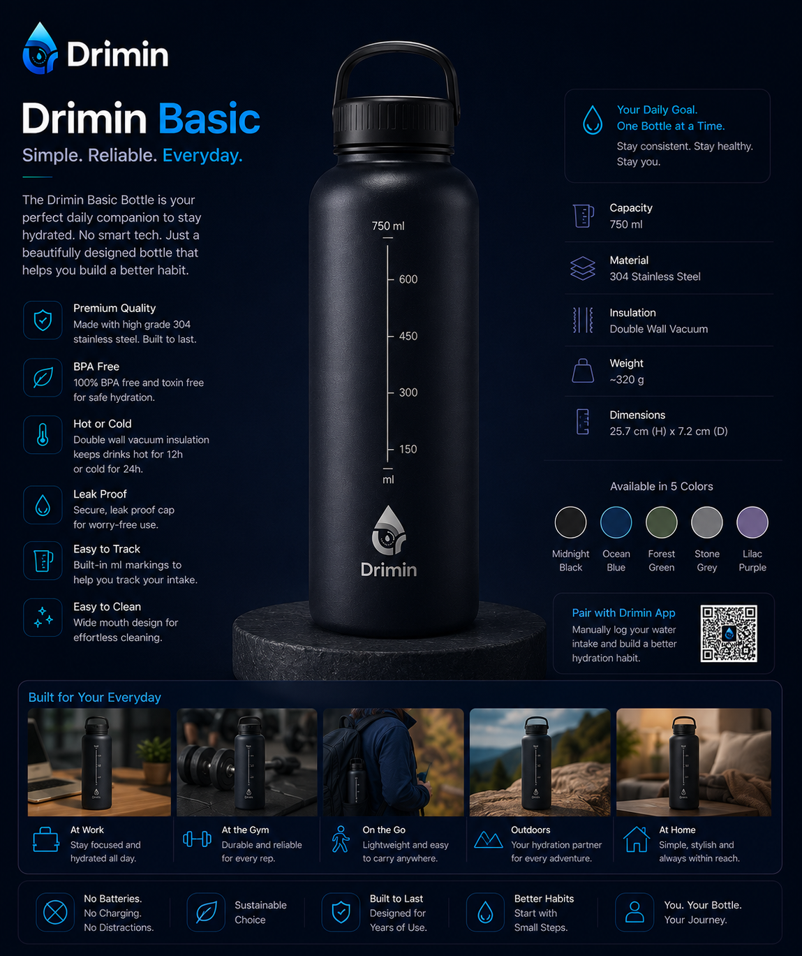 Drimin Basic 750 ml insulated steel water bottle
