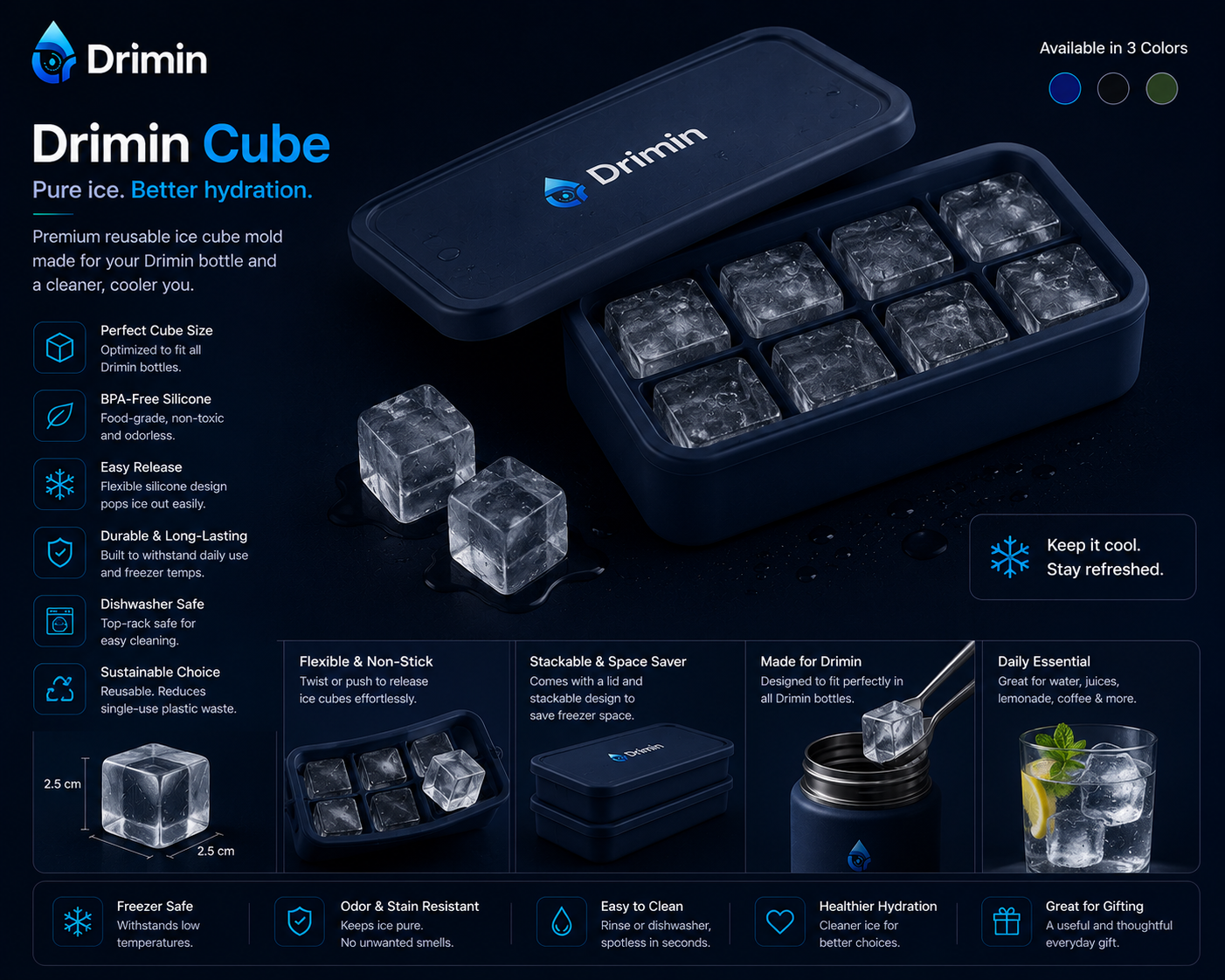 Drimin reusable silicone ice cube mould with lid