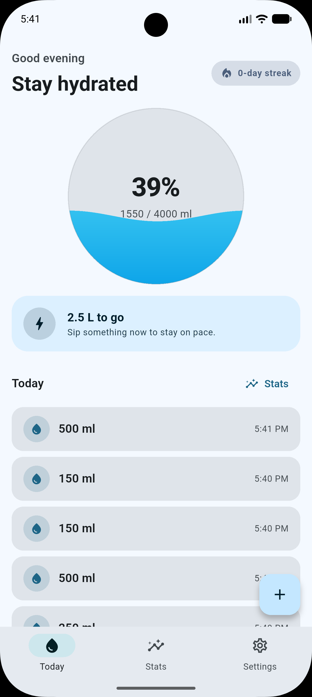 Drimin home screen showing a 39% water-fill orb with today's intake history below.