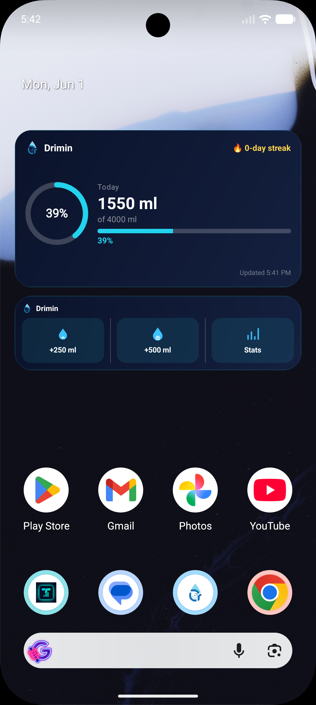 Drimin home-screen widgets showing daily progress and quick-action buttons.